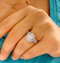 Load image into Gallery viewer, Filigree Antique Style 14k Solid White Gold Round Cut Moissanite and Natural Diamond Engagement Ring And Band Bezel Halo 1.70ctw