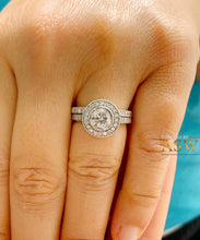 Load image into Gallery viewer, Filigree Antique Style 14k Solid White Gold Round Cut Moissanite and Natural Diamond Engagement Ring And Band Bezel Halo 1.70ctw