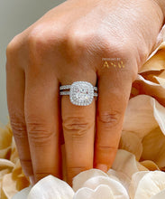 Load image into Gallery viewer, 14K White Gold Cushion Cut Forever One Moissanite and Diamond Engagement Ring And Band Bridal Wedding Set Double Halo Natural Diamonds 2.05