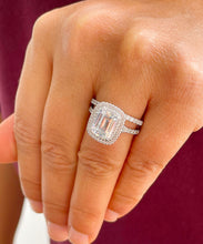 Load image into Gallery viewer, IGI Certified 14k solid white gold emerald cut and round cut diamond engagement ring and band double halo bridal set 3.00ct F VS2