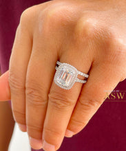 Load image into Gallery viewer, 14k solid white gold emerald cut forever one moissanite and round cut natural diamond engagement ring and band double halo bridal set 2.75ct