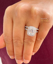 Load image into Gallery viewer, 14k solid white gold emerald cut forever one moissanite and round cut natural diamond engagement ring and band double halo bridal set 2.75ct