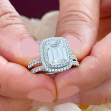 Load image into Gallery viewer, IGI Certified 14k solid white gold emerald cut and round cut diamond engagement ring and band double halo bridal set 3.00ct F VS2