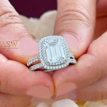 Load image into Gallery viewer, 14k solid white gold emerald cut forever one moissanite and round cut natural diamond engagement ring and band double halo bridal set 2.75ct