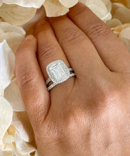 Load image into Gallery viewer, IGI Certified 14k solid white gold emerald cut and round cut diamond engagement ring and band double halo bridal set 3.00ct F VS2
