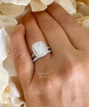 Load image into Gallery viewer, 14k solid white gold emerald cut moissanite and round cut natural diamond engagement ring and band double halo bridal set 2.75ct