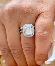 Load image into Gallery viewer, 14k solid white gold emerald cut moissanite and round cut natural diamond engagement ring and band double halo bridal set 2.75ct
