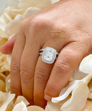 Load image into Gallery viewer, 14k solid white gold emerald cut moissanite and round cut natural diamond engagement ring and band double halo bridal set 2.75ct