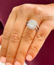 Load image into Gallery viewer, 14k solid white gold emerald cut moissanite and round cut natural diamond engagement ring and band double halo bridal set 2.75ct