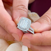 Load image into Gallery viewer, 14k solid white gold emerald cut moissanite and round cut natural diamond engagement ring and band double halo bridal set 2.75ct