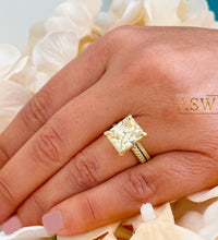 Load image into Gallery viewer, 14K Solid Yellow Gold Fancy Yellow Radiant And Round Cut Simulated Diamonds Engagement Ring And Band Halo Wedding Bridal Set 5.50ctw