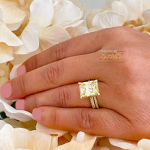 Load image into Gallery viewer, 14K Solid Yellow Gold Fancy Yellow Radiant And Round Cut Simulated Diamonds Engagement Ring And Band Halo Wedding Bridal Set 5.50ctw