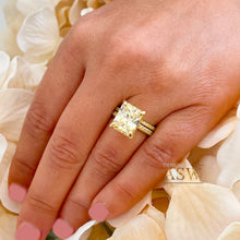 Load image into Gallery viewer, 14K Solid Yellow Gold Fancy Yellow Radiant And Round Cut Simulated Diamonds Engagement Ring And Band Halo Wedding Bridal Set 5.50ctw