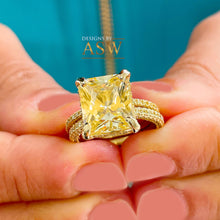 Load image into Gallery viewer, 14K Solid Yellow Gold Fancy Yellow Radiant And Round Cut Simulated Diamonds Engagement Ring And Band Halo Wedding Bridal Set 5.50ctw