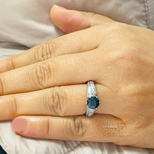 Load image into Gallery viewer, 14K Solid White Gold Round Cut Blue Sapphire And Round And Princess Cut Simulated Diamonds Engagement Ring Wedding Anniversary 2.50ctw