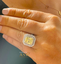 Load image into Gallery viewer, Large 6.00 Carats 14k Solid White Gold Radiant Cut Simulated Diamond and Light Fancy Yellow Diamonds Engagement Ring Double Halo