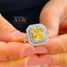 Load image into Gallery viewer, Large 6.00 Carats 14k Solid White Gold Radiant Cut Simulated Diamond and Light Fancy Yellow Diamonds Engagement Ring Double Halo
