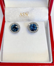 Load image into Gallery viewer, 14K Solid White Gold Round Cut Simulated Sapphire And Diamonds Stud Earrings Prong Set Halo Style, Bridal, Anniversary, Gift 2.00ctw