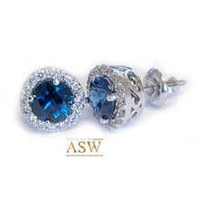 Load image into Gallery viewer, 14K Solid White Gold Round Cut Natural Sapphire Diamond Deco Style Engagement, Wedding, Anniversary, Bridal, Halo, Stud Earrings 2.00ctw