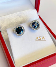 Load image into Gallery viewer, 14K Solid White Gold Round Cut Natural Sapphire Diamond Deco Style Engagement, Wedding, Anniversary, Bridal, Halo, Stud Earrings 2.00ctw