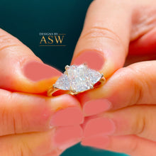 Load image into Gallery viewer, Large 14k Solid Yellow Gold Radiant and Triangle Cut Forever One Moissanite Engagement Ring, Bridal, Wedding Deco Three Stone Style 3.30ctw