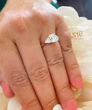 Load image into Gallery viewer, Large 14k Solid Yellow Gold Radiant and Triangle Cut Forever One Moissanite Engagement Ring, Bridal, Wedding Deco Three Stone Style 3.30ctw