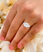 Load image into Gallery viewer, Large 14k Solid Yellow Gold Radiant and Triangle Cut Forever One Moissanite Engagement Ring, Bridal, Wedding Deco Three Stone Style 3.30ctw