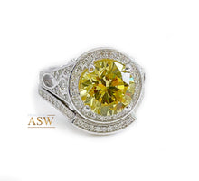 Load image into Gallery viewer, 14K Solid White Gold Fancy Yellow Round Cut Simulated Diamonds Engagement Ring And Band Set Halo Wedding Bridal Set 4.25ctw