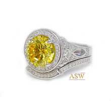 Load image into Gallery viewer, 14K Solid White Gold Fancy Yellow Round Cut Simulated Diamonds Engagement Ring And Band Set Halo Wedding Bridal Set 4.25ctw