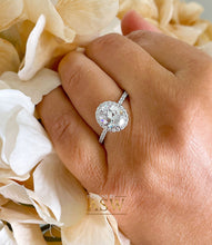 Load image into Gallery viewer, 14K White Gold Oval Cut Moissanite And Natural Round cut Diamond Engagement Ring Deco, Halo, Bridal, Wedding, Propose 3.70ct