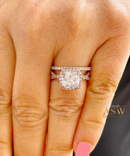Load image into Gallery viewer, 14k Rose Gold Cushion Cut Forever One Moissanite and Diamond Engagement Ring And Band Halo Bridal Set Natural Diamonds 3.00ct