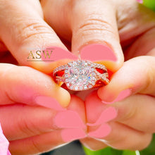 Load image into Gallery viewer, 14k Rose Gold Cushion Cut Forever One Moissanite and Diamond Engagement Ring And Band Halo Bridal Set Natural Diamonds 3.00ct