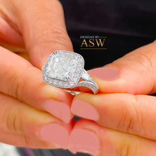 Load image into Gallery viewer, Beautiful And Large 14K Solid And Heavy White Gold Asscher and Round Cut Simulated Diamonds Engagement Ring Halo Wedding Bridal 4.00ctw