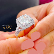 Load image into Gallery viewer, Beautiful And Large 14K Solid And Heavy White Gold Asscher and Round Cut Simulated Diamonds Engagement Ring Halo Wedding Bridal 4.00ctw