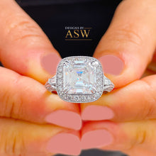 Load image into Gallery viewer, Huge and Heavy 14K Solid White Gold Asscher Cut Moissanite And Diamond Engagement Ring Prong Set Halo 4.05ctw
