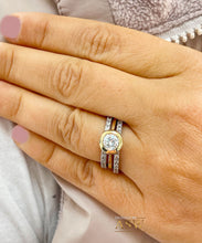 Load image into Gallery viewer, 14K Solid White And Yellow Gold Round Cut Simulated Diamonds Engagement Ring And Two Eternity Bands Set Bezel Set Wedding Bridal Set 2.40ctw