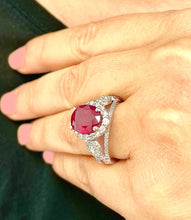 Load image into Gallery viewer, 14K Solid White Gold Oval Shape Natural Ruby and Round And Marquee Cut Natural Diamonds Engagement Ring Halo Prong Set 4.50ctw