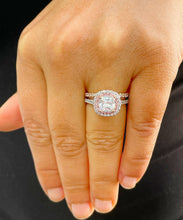 Load image into Gallery viewer, 14K Solid White And Rose Gold Cushion Cut Simulated Diamond Engagement Ring And Band Bridal Set Wedding Set Halo Split Shank 2.50ctw