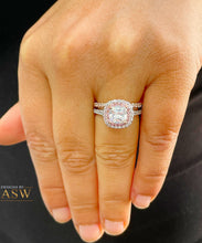 Load image into Gallery viewer, 14k Solid White And Rose Gold Cushion Cut Forever One Moissanite and Natural Diamond Engagement Ring And Band Double Halo 2.60ct