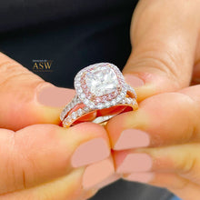 Load image into Gallery viewer, 14k Solid White And Rose Gold Cushion Cut Moissanite and Natural Diamond Engagement Ring And Band Double Halo 2.60ct