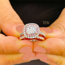Load image into Gallery viewer, 14k Solid White And Rose Gold Cushion Cut Moissanite and Natural Diamond Engagement Ring And Band Double Halo 2.60ct