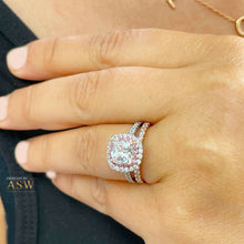 Load image into Gallery viewer, 14k Solid White And Rose Gold Cushion Cut Forever One Moissanite and Natural Diamond Engagement Ring And Band Double Halo 2.60ct