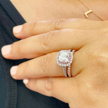 Load image into Gallery viewer, 14K Solid White And Rose Gold Cushion Cut Simulated Diamond Engagement Ring And Band Bridal Set Wedding Set Halo Split Shank 2.50ctw