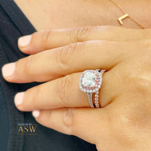 Load image into Gallery viewer, 14k Solid White And Rose Gold Cushion Cut Moissanite and Natural Diamond Engagement Ring And Band Double Halo 2.60ct