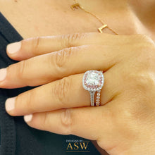 Load image into Gallery viewer, 14k Solid White And Rose Gold Cushion Cut Moissanite and Natural Diamond Engagement Ring And Band Double Halo 2.60ct
