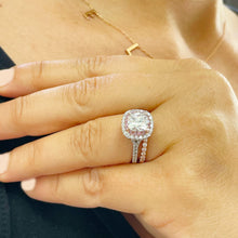 Load image into Gallery viewer, 14K Solid White And Rose Gold Cushion Cut Simulated Diamond Engagement Ring And Band Bridal Set Wedding Set Halo Split Shank 2.50ctw