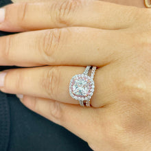 Load image into Gallery viewer, 14K Solid White And Rose Gold Cushion Cut Simulated Diamond Engagement Ring And Band Bridal Set Wedding Set Halo Split Shank 2.50ctw