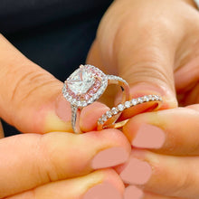 Load image into Gallery viewer, 14K Solid White And Rose Gold Cushion Cut Simulated Diamond Engagement Ring And Band Bridal Set Wedding Set Halo Split Shank 2.50ctw