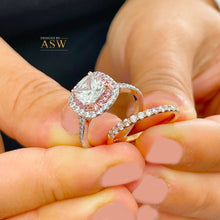 Load image into Gallery viewer, 14k Solid White And Rose Gold Cushion Cut Moissanite and Natural Diamond Engagement Ring And Band Double Halo 2.60ct