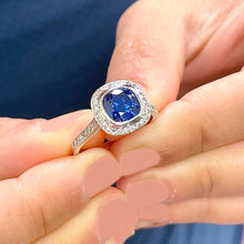 Load image into Gallery viewer, 14K Solid White Gold Natural Cushion Cut Blue Sapphire And Natural Round Cut Diamonds Engagement Ring Bezel Set 2.50ctw